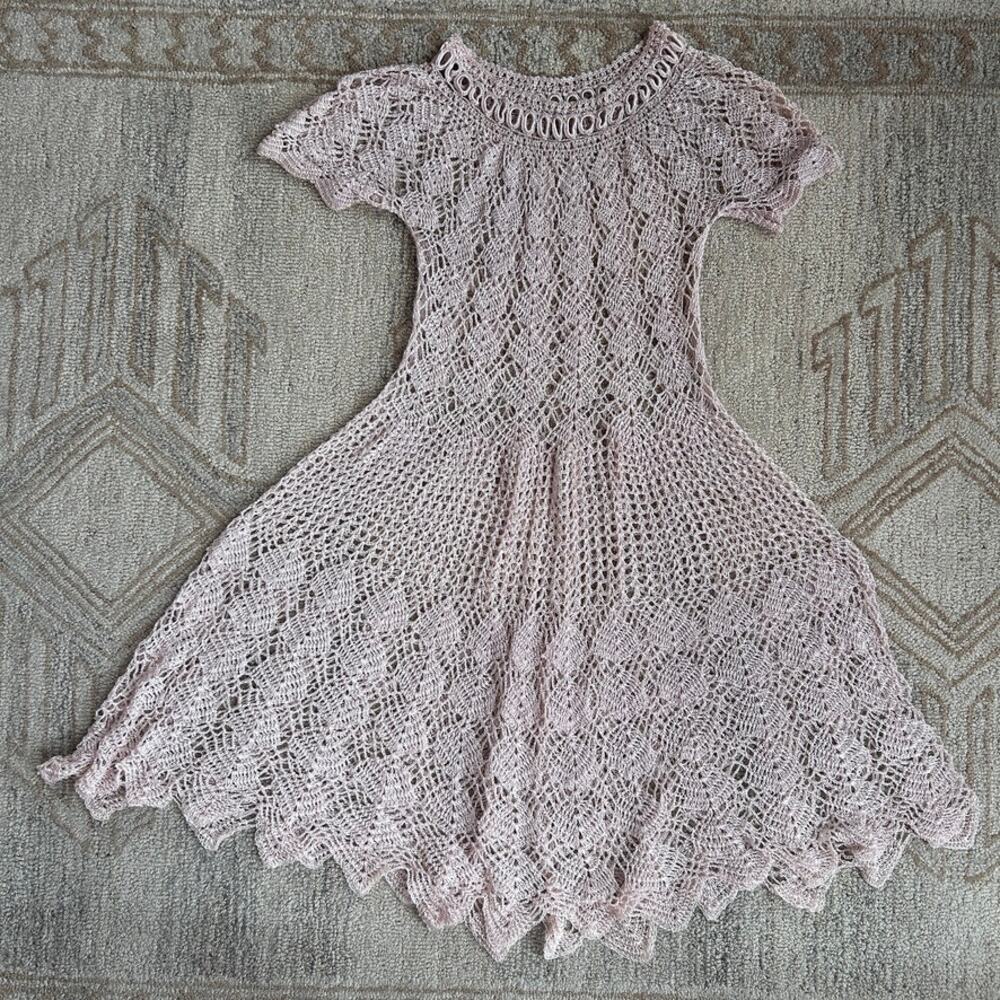 Vtg Sheer Crochet Lace Romantic Fairy Festival Layer Jagged Hem Dress Cream S - Picture 12 of 15